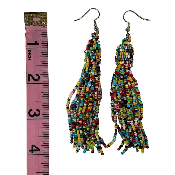 Seed bead rainbow tassel earrings, bright vibrant colors! NEW - Picture 6 of 7